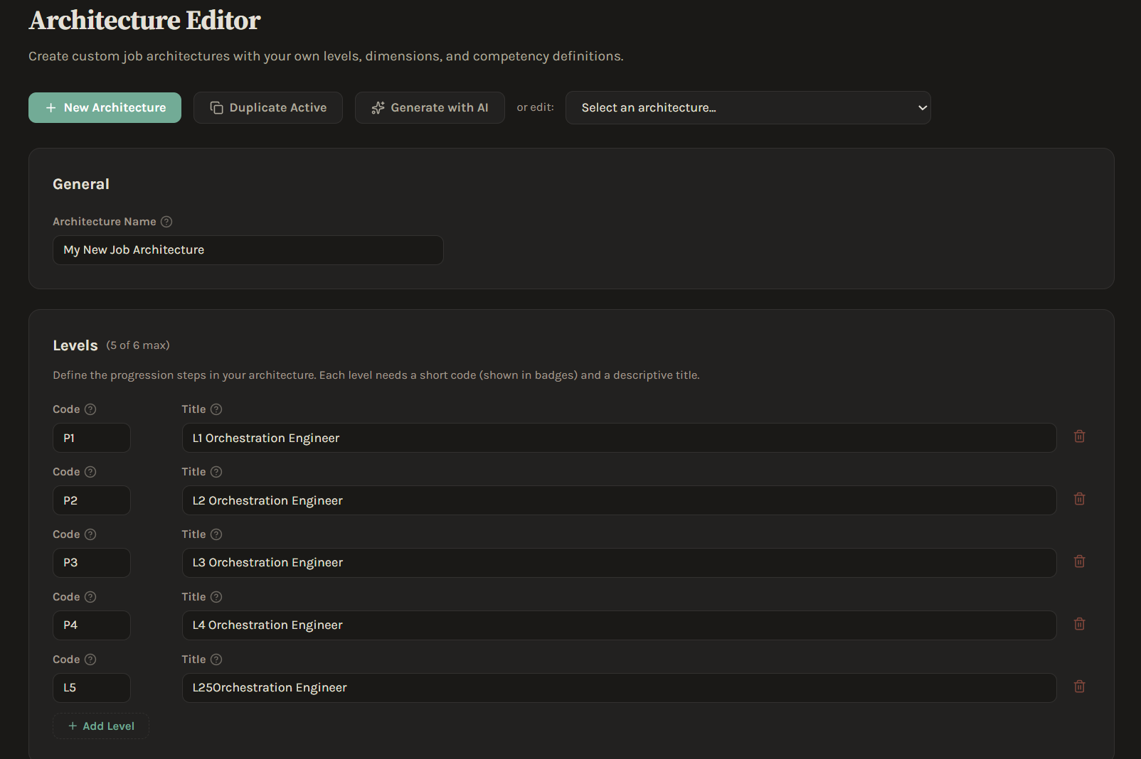 Architecture Editor showing level and dimension configuration