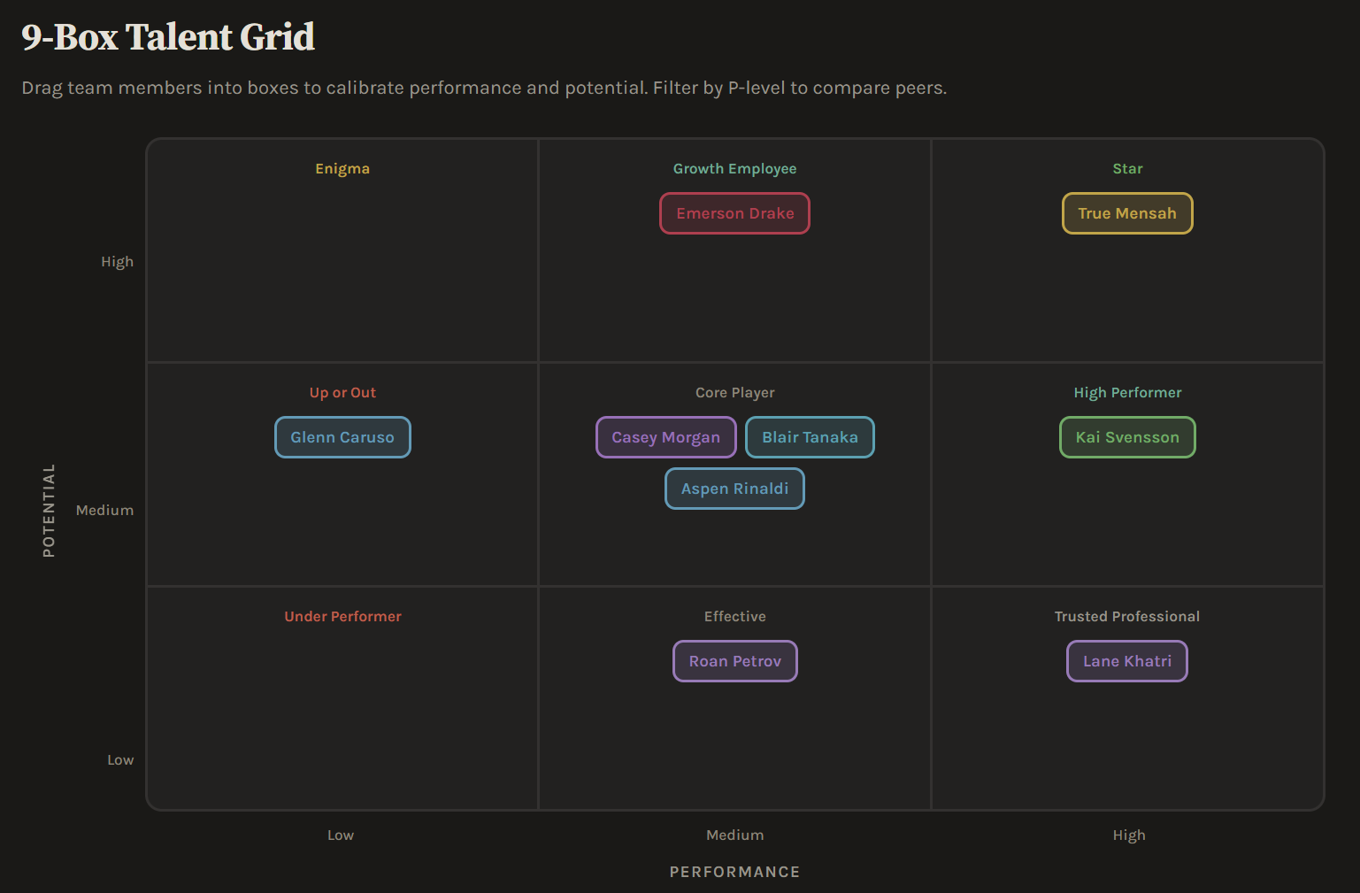 9-box talent grid with team members placed across performance and potential axes